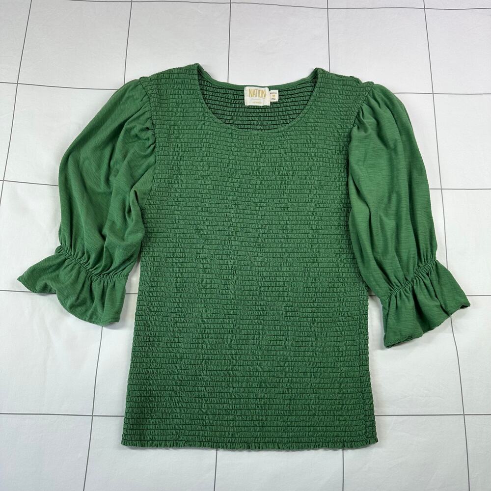 Nation LTD Top Womens Medium Green Bardot Tee Smocked Puff Sleeve Stretch Crew - Picture 2 of 6